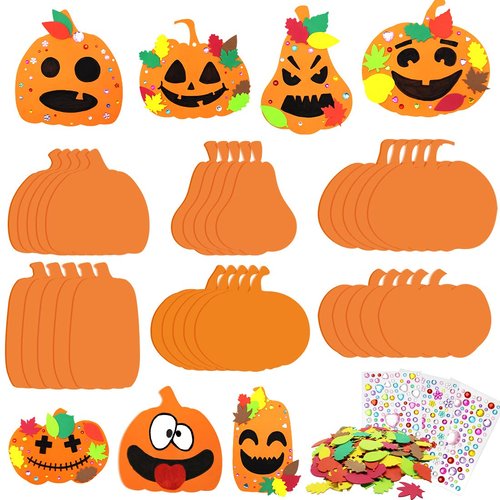 Hifunwu 30Pcs Halloween Foam Pumpkin Craft Kit Decorations with Foam Fall Maple Leaves Rhinestone Stickers for Halloween Thanksgiving Kids Art Crafts Decorations