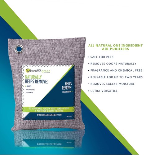 Breathe Green Bamboo Charcoal Bags Odor Absorber (3-Pack) Activated Charcoal Odor Eliminator Bag, Natural Freshener Removes Odors and Moisture, Odor Eliminator for Home, Pets, Car, Closet, RV