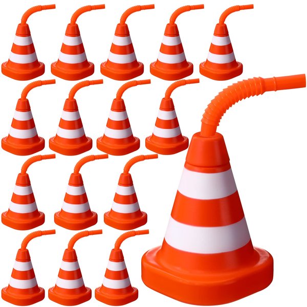 16 Pack Construction Cone Cups with Straws Bulk, Traffic Cones Party Favor Cups 10 oz Plastic Kids Race Cups Set for Construction Traffic Theme Racing Car Birthday Party Supplies