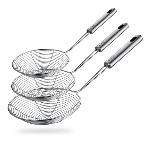Spider Strainer Skimmer Spoon, HSpiow Set of 3 Sizes Frying Spoon Stainless Steel Fryer Scoop Wire Strainer Ladle with Long Handle for Kitchen Frying Cooking Food Pasta