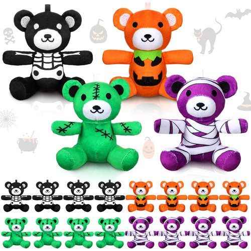 RoundFunny 20 Pcs Halloween Stuffed Animals Bears Bulk Plush Bears 4.5 Inch Mini Pumpkin Skeleton Green Monster Mummy Bear Toys for Kids Halloween Party Favors Trick or Treat Bag Fillers Gift