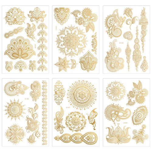 Henna Temporary Tattoos Stickers Gold Lace Tattoos Stickers Flower Lotus Stickers Sexy Butterfly Love Art Sticker Design Arm Body Art Accessories for Girl Woman 6sheets (Gold)
