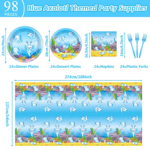 chiazllta 24 Guests Blue Cartoon Axolotl Party Supplies Reptile Animals Party Tableware Set Girl Boy Axolotl Party Decor Favors Party Disposable Plates Napkin Tablecloths for Axolotl Birthday 98pcs
