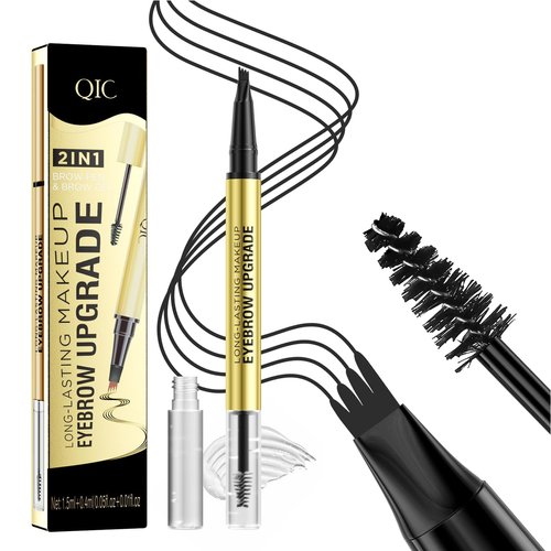 Microblading Eyebrow Pencil, 2-in-1 Eyebrow Pen and Sealing Brow Gel,Waterproof Long-lasting Magic Eyebrow Tattoo Pencil 4 Micro-Fork Tip for Natural Makeup(Black)