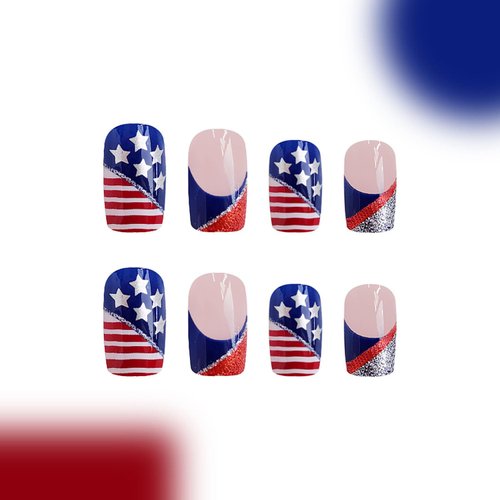Independence Day Medium Square Press on Nails Patriotism Fake Nails with Sliver Glitter Designs USA Flag Stick on Nails Glossy Acrylic Nails Full Cover Artificial False Nails for 4th of July 24Pcs