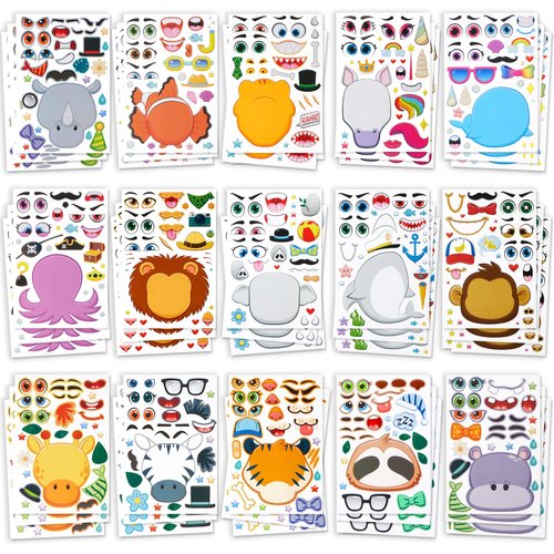 JOYIN 90 PCS 9.8”x6.7 Make-a-face Sticker Sheets Make Your Own Animal Mix and Match Sticker Sheets with Safaris, Sea and Fantasy Animals Kids Party Favor Supplies Craft