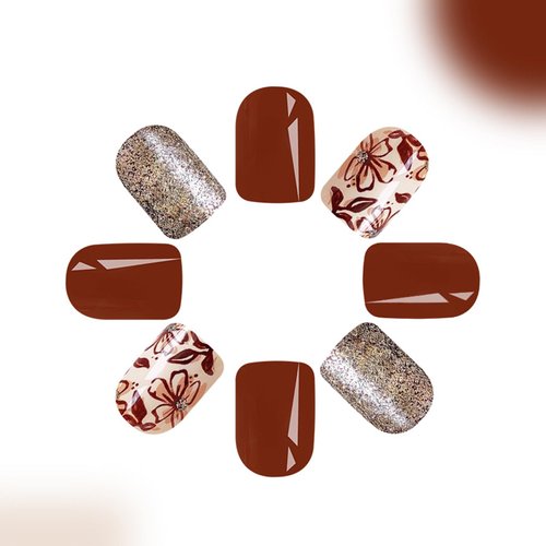 Fall Press on Nails Short Fake Nails with Glitter & Flower Leaves Designs Square Nails Press ons Glossy Glue on Nails Red Brown Acrylic Nails Thanksgiving Artificial Stick on Nails for Women 24Pcs