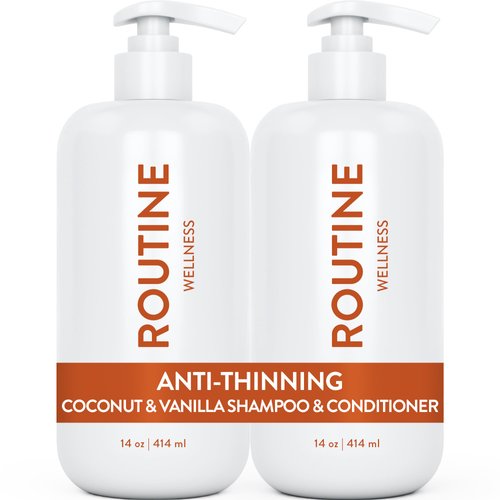 Routine Wellness Anti-Thinning Shampoo and Conditioner Set for Thinning Hair - Biotin DHT Blocker Women & Men - Color Safe Shampoo for Hair Loss & Healthier Growth - Coconut & Vanilla (Pack of 2)