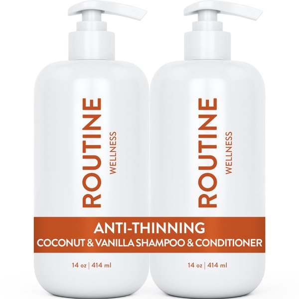 Routine Wellness Anti-Thinning Shampoo and Conditioner Set for Thinning Hair - Biotin DHT Blocker Women & Men - Color Safe Shampoo for Hair Loss & Healthier Growth - Coconut & Vanilla (Pack of 2)