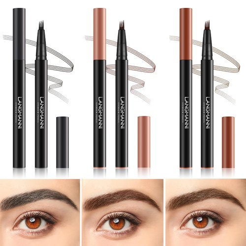 LANGMANNI Eyebrow Pen - Wild Micro-4Tip Prong Lasting Water Eyebrow Pencil, For Effortless & Natural Looking Brows That Last All Day (#3 Ash Brown)