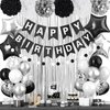 Black White Silver Birthday Decorations,Men Boys Party Decorations with Black White Silver Confetti Birthday Balloons Happy Birthday Banner Silver Fringe Curtain Tissue Paper Pompoms Star Garland
