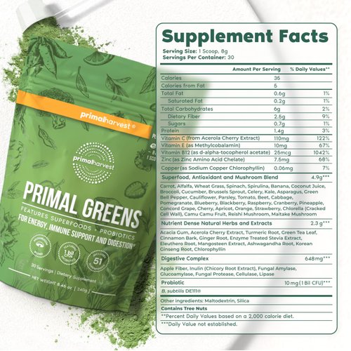 Primal Harvest Super Greens Powder, 30 Servings w/+50 Greens Superfood Chlorella, Probiotics, Green Tea, Wheatgrass, Kale, Turmeric for Energy,Primal Greens