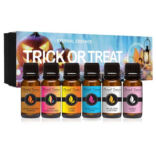 Eternal Essence Oils Trick Or Treat Set of 6 Premium Fragrance Oils - Salted Caramel Pumpkin, Bubble Gum, Malibu Rum Cupcakes, Candy Corn, and More - for Candle, Soap Making, & More - 10ML