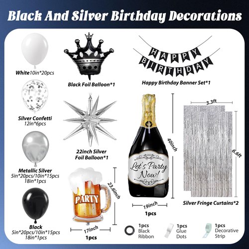 Black and Silver Birthday Party Decorations, Black Silver White Foil Balloons Happy Birthday Banner Fringe Curtains for 16th 18th 21st 24th 32th 40th 50th 60th Birthday Decorations for Men