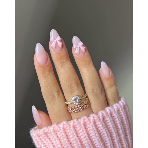 Almond Press on Nails with Bow Charm Designs Cute Pink Fake Nails Medium Almond Shaped Acrylic Na...