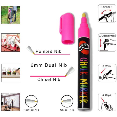 BUYZIA Liquid Chalk Markers - 8 Pack Neon Colors - 6mm Chalk Pens with Reversible Tip for Blackboards, Chalkboards, Glass, and Windows