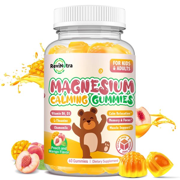 Magnesium Gummies for Kids - Magnesium Glycinate Gummies with L-Theanine, Vitamin B6, D3 for Kids & Adults Sleep, Calm, Relaxation, Stress, Brain, Bones, Muscle Relief, Sugar Free Peach & Mango 60ct