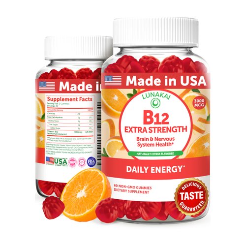 Lunakai Extra Strength 3000mcg Vitamin B12 Gummies - USA Made, Delicious Daily Energy and Metabolism Boost - Vegan B12 Methylcobalamin Supplement 60ct