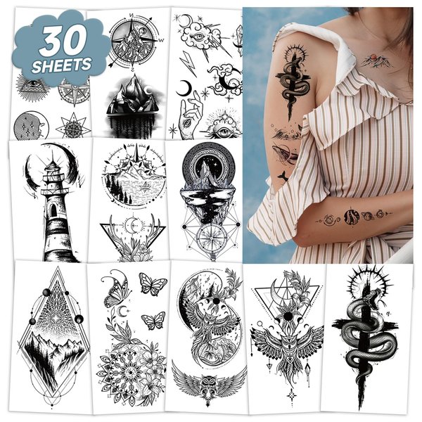 EMOME 150 Styles Art Small Temporary Tattoos for Women Men, 3D Moon Sun Star Temporary Tattoo Stickers for Adults, Fake Tattoos Temporary Realistic on Hands Arms Legs(30 Sheets）
