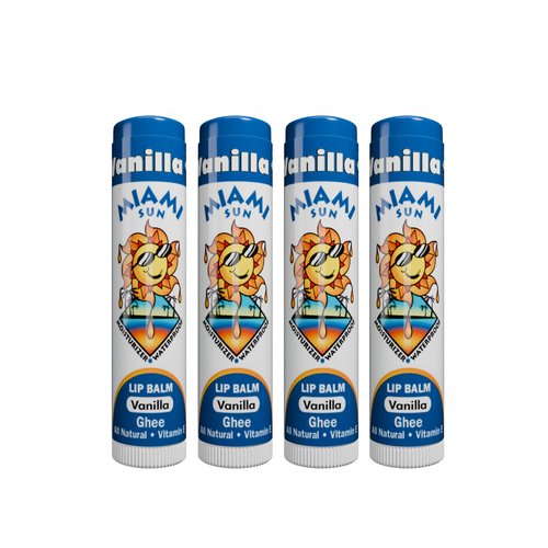 Miami Sun Natural Ghee Lip Balm, Hydrating Lip Treatment with Shea Butter & Beeswax, Organic & Non-Toxic, Best for Dry, Chapped Lips - Moisturizing, Healing, Chemical-Free Lip Care (4 Count, Vanilla)