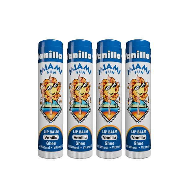 Miami Sun Natural Ghee Lip Balm, Hydrating Lip Treatment with Shea Butter & Beeswax, Organic & Non-Toxic, Best for Dry, Chapped Lips - Moisturizing, Healing, Chemical-Free Lip Care (4 Count, Vanilla)