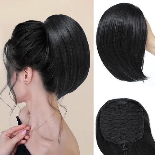 AFNOTE Short Drawstring Ponytail Extension 10 Inch Straight Hair Bun Fake Ponytails Hair Extensions Natural Synthetic Pony Tails Hair Pieces for Women-Black 1B#