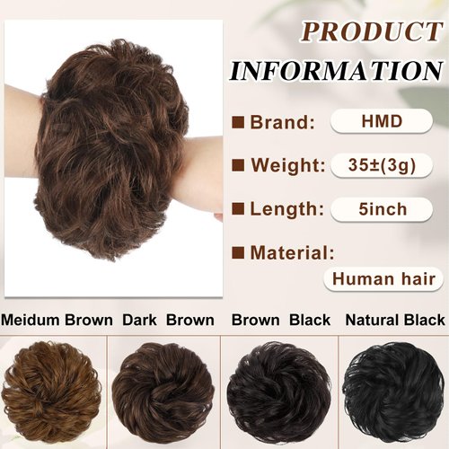 HMD 100% Human Hair Bun Messy Bun Extensions Human Hair Messy Rose Bun Hair Piece Curly Hair Bun with Elastic Band Hair Bun Hair Extensions Tousled Updo Hairpieces for Women(Dark Brown)