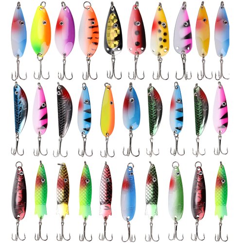 Shaddock Fishing Spoons Metal Lures, 30pcs Colorful Casting Fishing Spinner Baits Trout Trolling Spoon Fishing Lures Sharp Treble Hooks Tackle Kit