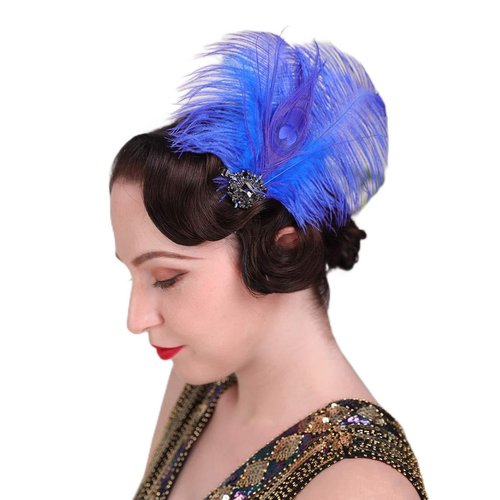 Aimimier 1920s Headpiece Flapper Royal Blue Feather Hair Clip Crystal Roaring 20s Accessories Prom Party Festival Hair Jewelry for Women and Girls