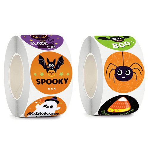 1000 PCS Halloween Stickers, 2 Rolls Halloween Pumpkin Bat Spider Stickers, 16 Vibrant Colors and Designs, Round Seal Label Stickers, Envelope Seals Paster for Halloween Party Decorations Supplies