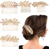 5 PCS Leaf Hair Side Combs Gold Rhinestone Hair Comb Clips with Teeth Wedding Headpiece Hair Accessories for Women, Girls, Bride, Bridesmaid（5 Different Size）