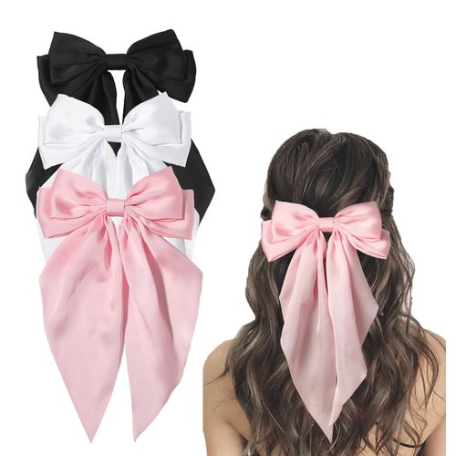 Furling Pompoms Hair Clips for Women, 3pcs Satin Bow Hair Clips - Black, White, Pink - Hair Accessories for Girls with Long Tail - Back to School Hair Accessories