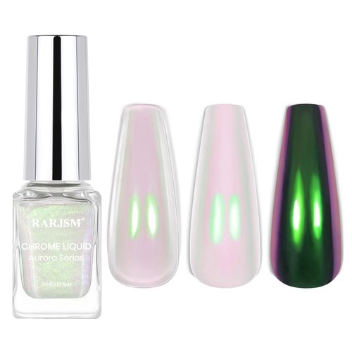 RARJSM Aurora Chrome Nail Polish Chameleon Nail Powder Liquid Metallic Mirror Effect Pink Green Iridescent Chrome Nail Powder for Polish White Pearl Mermaid Glitter Nail Art Quick Dry 5ML 0.17FLOZ