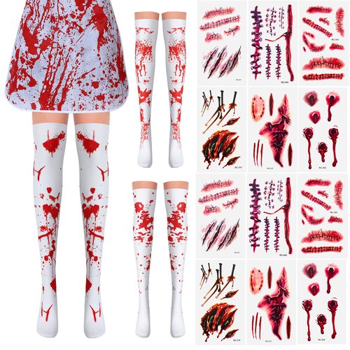 Halloween Cosplay Costume Set 3 Pairs Women Bloody Stockings 12 Pcs Halloween Temporary Tattoos Halloween Blood Stained Socks Scar Wound Body Stickers for Horror Themed Party