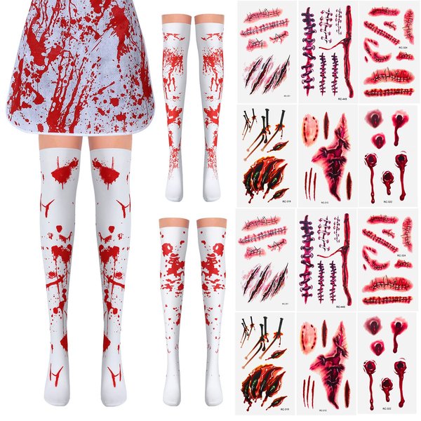 Halloween Cosplay Costume Set 3 Pairs Women Bloody Stockings 12 Pcs Halloween Temporary Tattoos Halloween Blood Stained Socks Scar Wound Body Stickers for Horror Themed Party