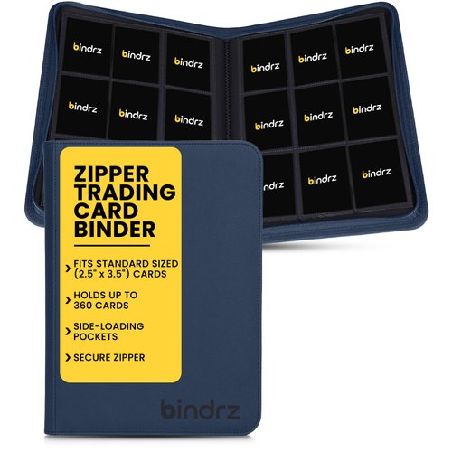 bindrz Trading Card Zipper Binder - Premium 9 Pocket Card Binder for 360 Sleeved Cards - Side Loading Pockets Compatible with TCG MTG and Sports Cards (Blue)