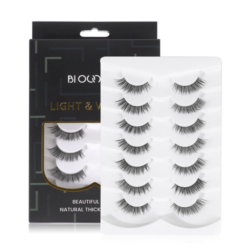 Biounce Wispy Natural Faux Mink Cat Eye False Eyelashes 3D Vegan 7 Pairs Full Strip Clear Band (BO22-2), Black
