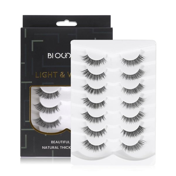 Biounce Wispy Natural Faux Mink Cat Eye False Eyelashes 3D Vegan 7 Pairs Full Strip Clear Band (BO22-2), Black
