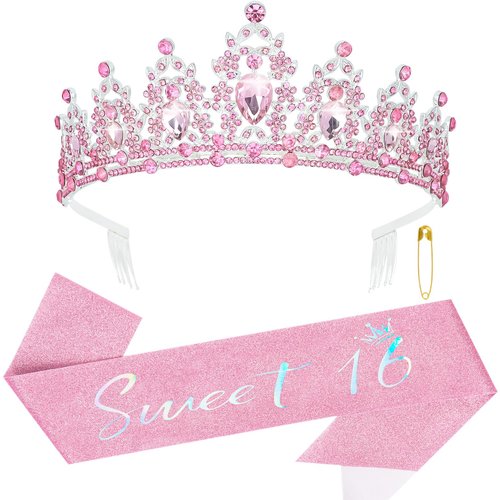 YARIEW Pink Sweet 16 Sash and Tiara Set, Sweet 16 Birthday Decorations for Girls, Birthday Crown and Sash, 16th Birthday Gifts for Girls, Sweet Sixteen Gifts for Girls…