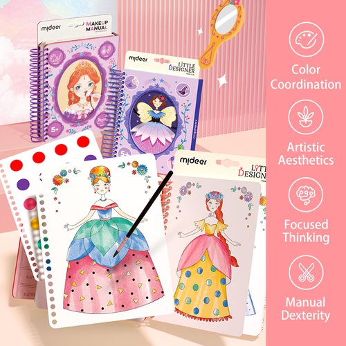 MiDeer Fashion Design Sketchbook with Watercolor Painting, Princess Dress-up Activity Book with Stencils and Stickers, Make-Up Fashion Designer Kits for Kids 5 6 7 (Makeup Manual Princess Ball)
