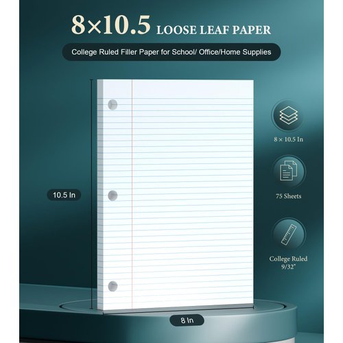Loose Leaf Paper, 75 Sheets Notebook Lined Paper, 8 x 10.5 College Ruled Filler Paper, 3-Hole Punched Binder Paper for 3-Ring Binders, Double-Side Printed Note Pads for Home, Office, School, 1 Pack