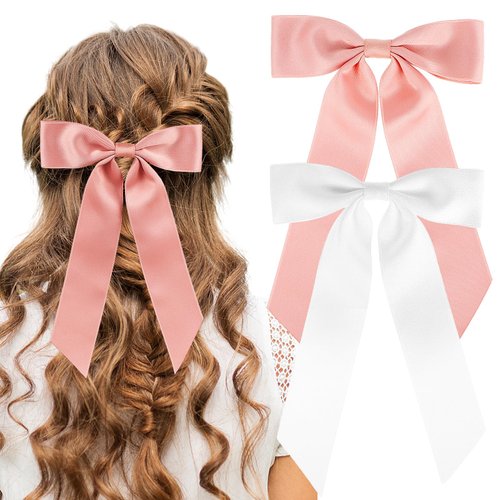 Ouligay 2pcs Silky Satin Hair Bows for Women, Bow Hair Clips with Long Tail, Hair Ribbon Bow Ponytail Holder, Slide Metal Clips Hair Bow Barrettes Clips for Women Girls Toddlers Teens Kids