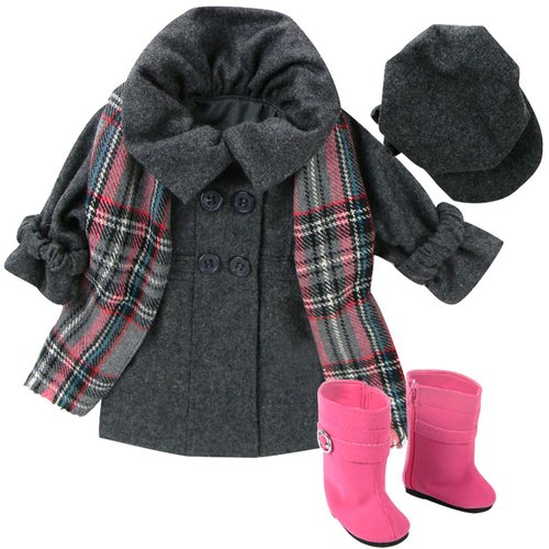 Sophia's 4 Piece Winter Pea Coat, Scarf, Hat and Boots Set for 18'' Dolls, Gray/Pink