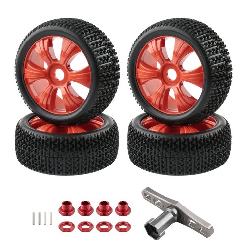 Rchobbytop 4pcs 1/8 Buggy 17mm Wheels and Tires with Hex Adapter and Nuts Wrench, OD 114mm Tyre for Off Road RC Car Arrma Typhon Traxxas Redcat HPI Redcat Hobao Xray TLR Tekno HSP 94762 94081, Red