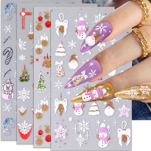 Christmas Nail Art Stickers, 4Sheets 5D Embossed Snowflake Nail Decals Colorful Snowflake Xmas Tree Bell Elk Snowmen Winter Nail Design DIY Luxurious Holiday Nail Decoration for Women Girls