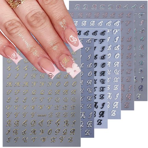 6 Sheets Retro Letters Nail Art Stickers, 3D Self-Adhesive Old English Alphabet Nail Decals for Nail Art Black White Gold Silver Letter Design Personalized Luxury Nail Stickers DIY Manicures Charms