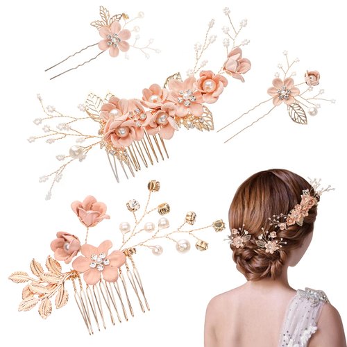 UHOMENY 4PCS Wedding Bridal Hair Accessories, Pearl Hair Side Combs Set for Women Girls, Rose Gold Hair Pins, Floral Leaf Crystal Headpiece