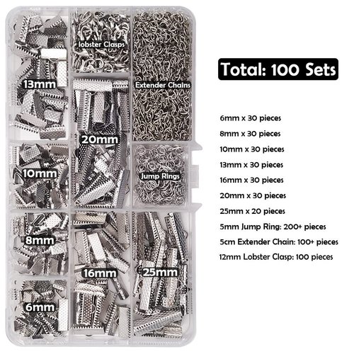 INSPIRELLE 100 Sets Assorted Size Rhodium Ends for Ribbon Bracelet Bookmark Making Crimps Kit with Lobster Clasps and Chain Extenders