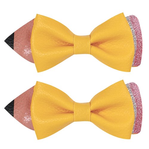 2Pcs Back to School Hair Clips Cute Yellow Bow Claw Clips Pencil Shape Hair Accessories for Women Girls Artificial Leather Hair Clips for Styling Small Hair Barrettes Claw Clips for Thick Thin Hair