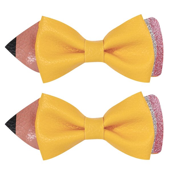 2Pcs Back to School Hair Clips Cute Yellow Bow Claw Clips Pencil Shape Hair Accessories for Women Girls Artificial Leather Hair Clips for Styling Small Hair Barrettes Claw Clips for Thick Thin Hair